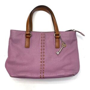 Fossil Purple Leather Women's Handbag Purse Brown Stitching Crossbody Top Handle